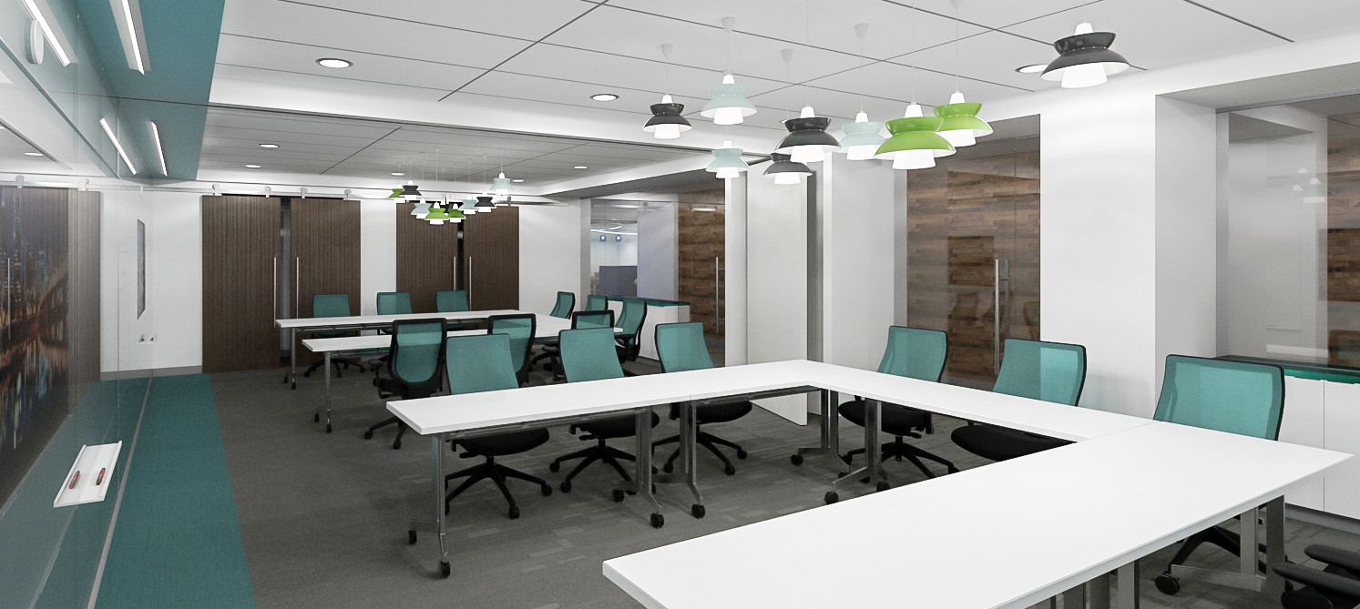 A modern conference room with U-shaped tables, green and black chairs, white walls, colorful hanging lights, and glass partitions.