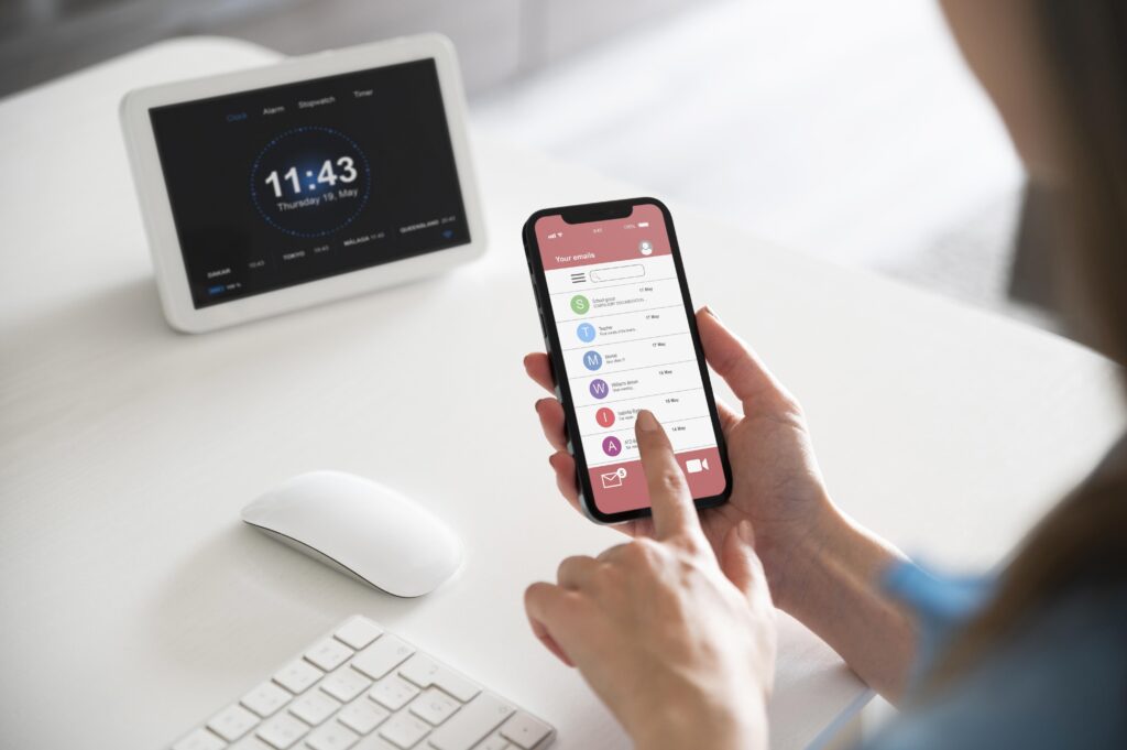 A woman is using a smart phone in her virtual office to check the time.